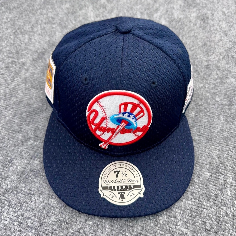 NY Yankees Hat Fitted 7‎ 1/2 M&N Blue Mesh BP 75th Side Patch 3D Team Logo Cap - Picture 10 of 10